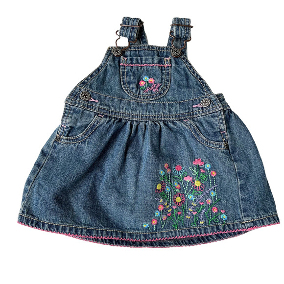 Oshkosh Vintage Denim Dress Jumper with Embroidered Flowers Baby Girl 6M - Picture 1 of 7
